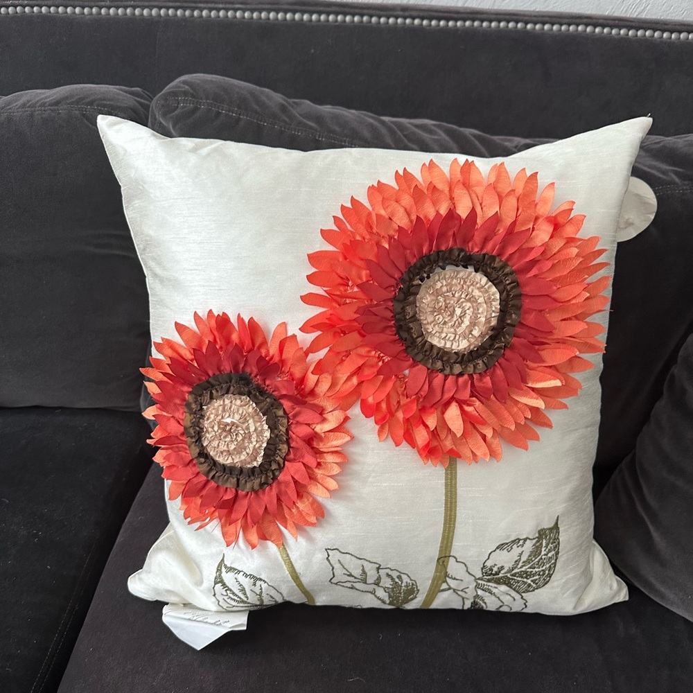 Sunflower Accent Pillow with Red and Orange Blooms